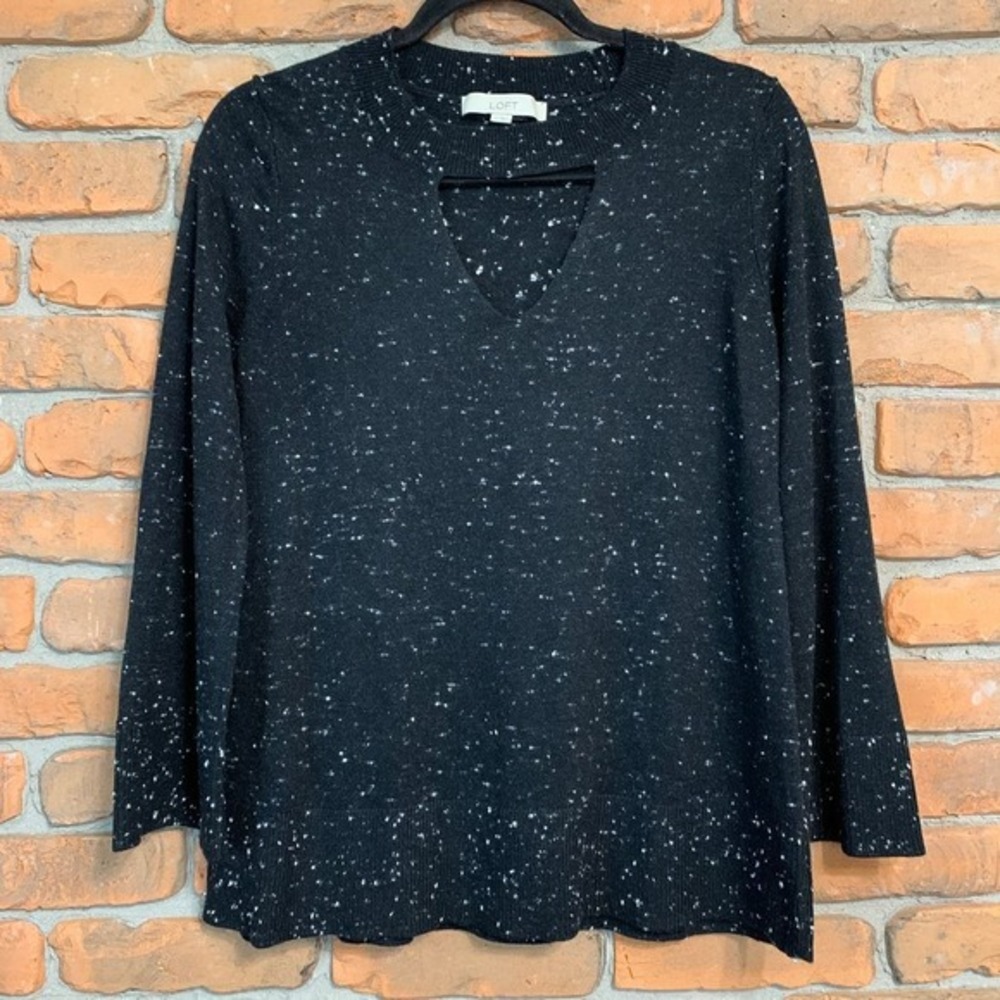 LOFT V-Neck Sweater Womens XS Black Speckled Knit‎ Long Sleeve Pullover Keyhole